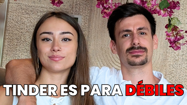 Hombre y mujer juntos con un mensaje provocador: “Tinder es para débiles”, representando la crítica a las apps de citas en 2025.